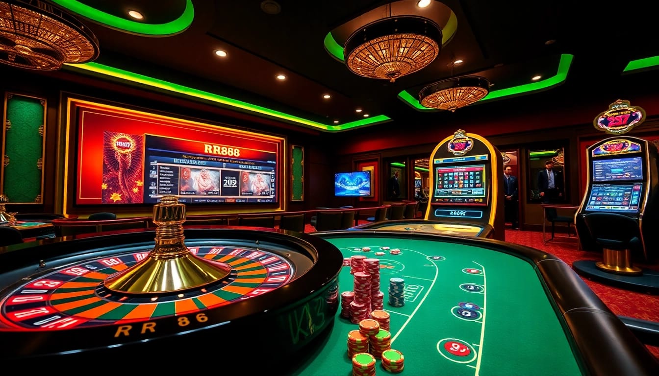 Gamble at RR88 with a luxurious casino environment showcasing poker and roulette.