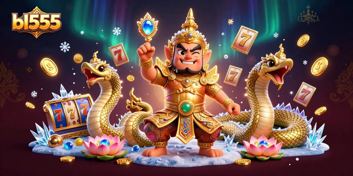 Spin the reels for fun at bl555 with a colorful casino scene featuring slot machines and temple guardians.