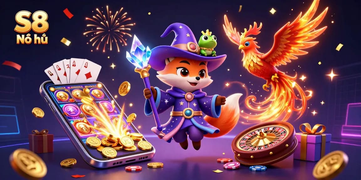 S8 Nổ hũ slot game illustration featuring a wizard fox, phoenix, and exciting casino elements.