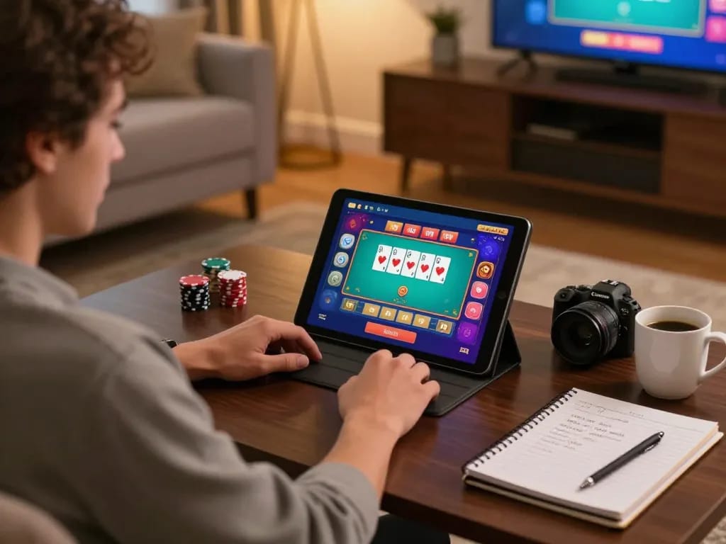 Player engaging with live dealer game on luckywin platform from home environment, showcasing cozy atmosphere