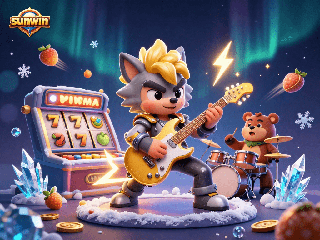 Experience sunwin's excitement with a 3D casino scene showcasing rock star wolf and engaging slot elements.