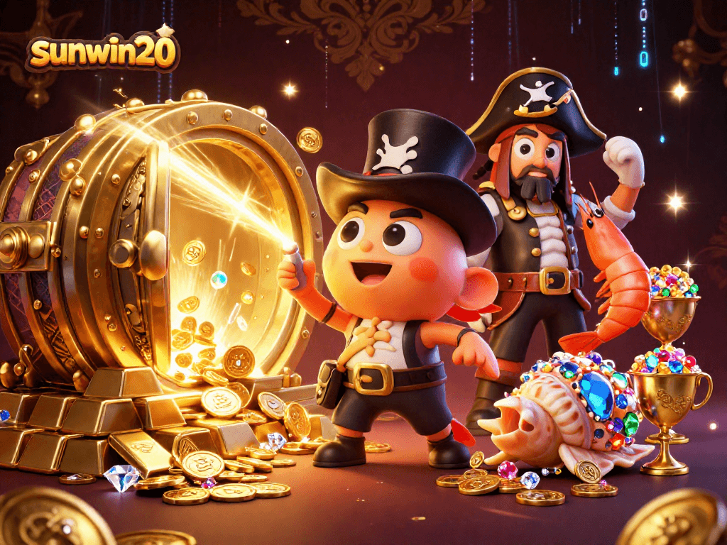 Play and win with sunwin20 in this vibrant 3D deep-sea casino adventure illustration.