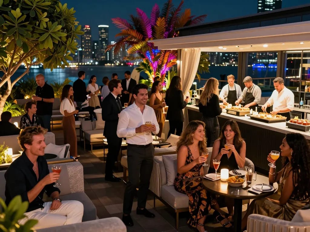 Guests enjoying cocktails and mingling at Sky88 Club's vibrant rooftop party atmosphere