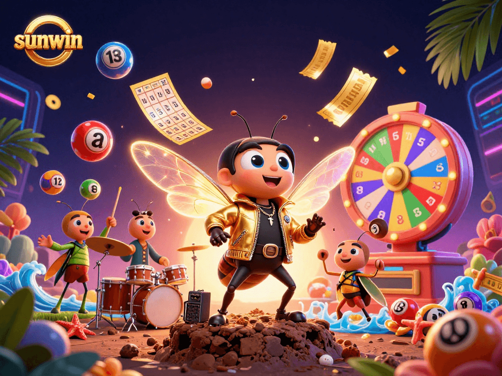 Experience the thrill of gaming with sunwin, featuring a cicada rock star and vibrant lottery elements.