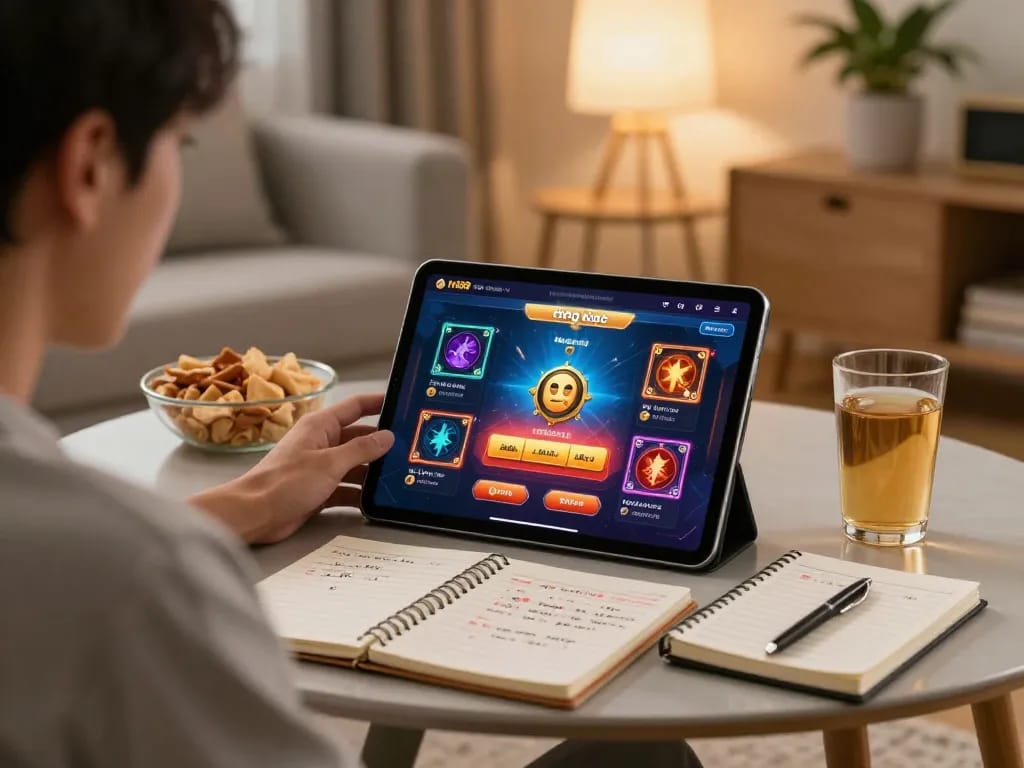 Engaging in hi88 đăng ký online gaming, a player on a tablet in a cozy living room.