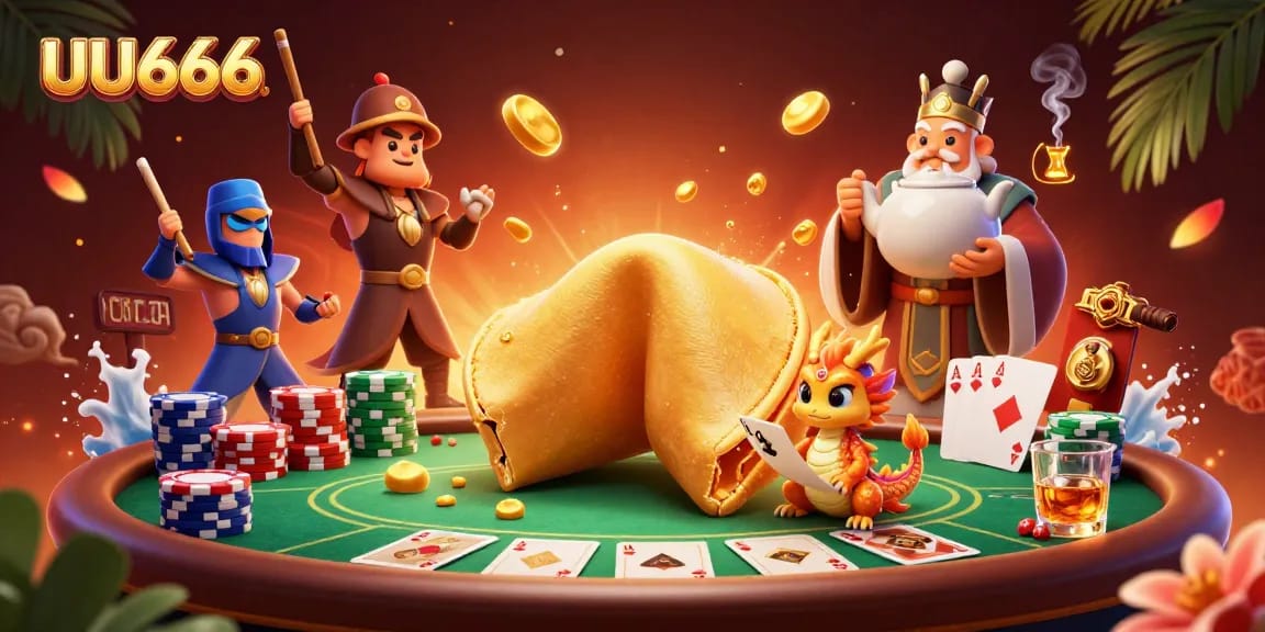 Engage with UU666's vibrant 3D scene featuring a golden fortune cookie and poker excitement.