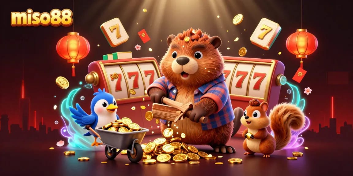 Experience vibrant winnings at miso88 with a 3D cartoon beaver celebrating casino success.