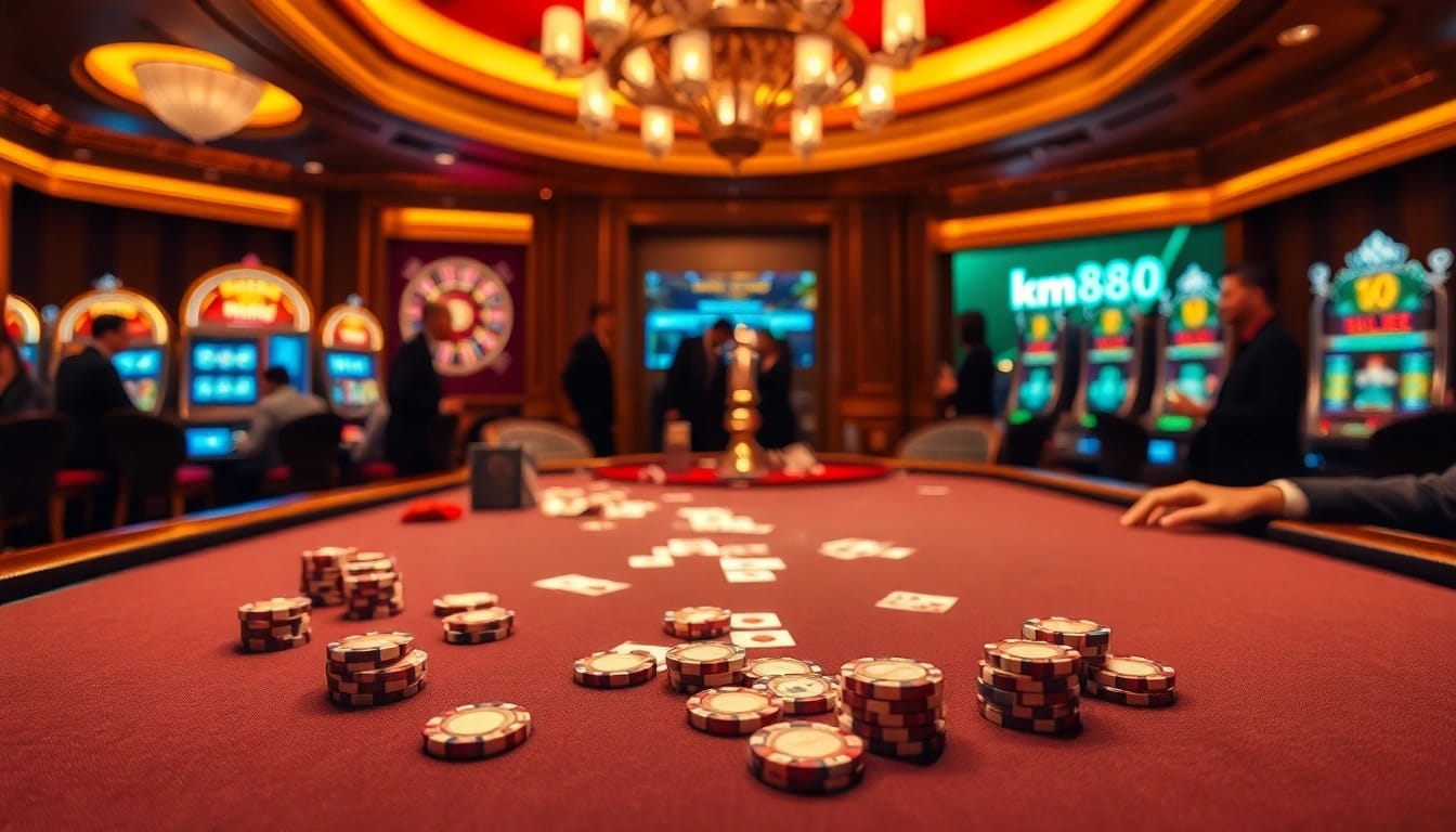Play poker at km88's luxurious casino, surrounded by vibrant roulette and slot machines.