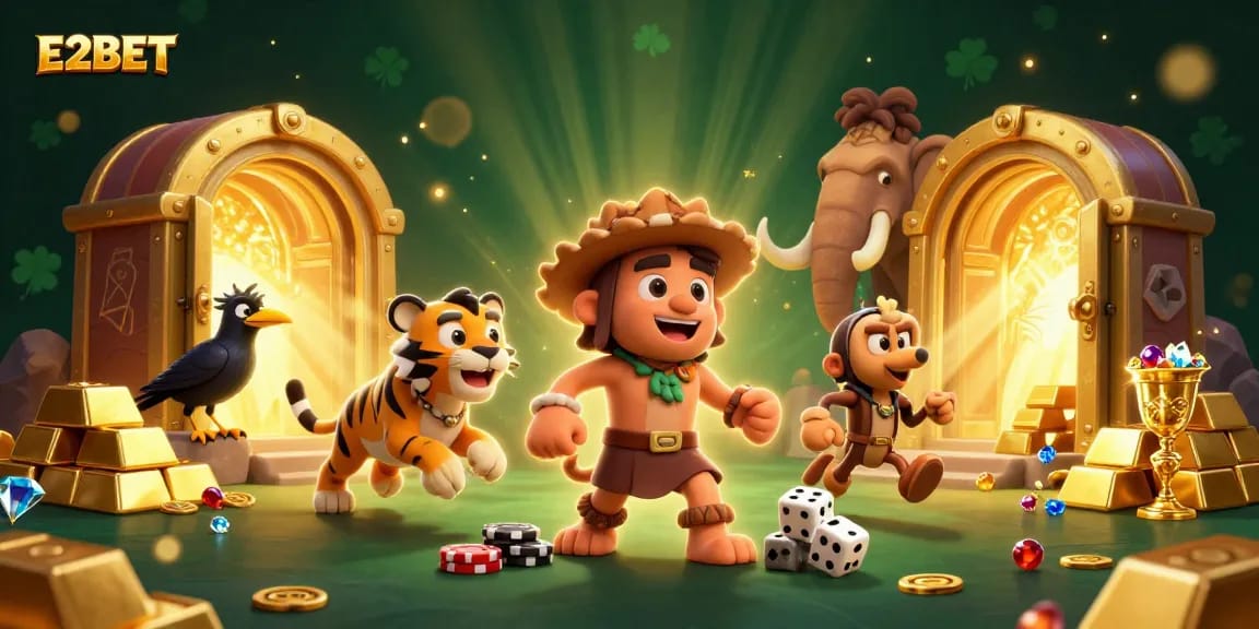 E2BET's vibrant online casino features a 3D caveman and tiger duo, showcasing thrilling gaming action.