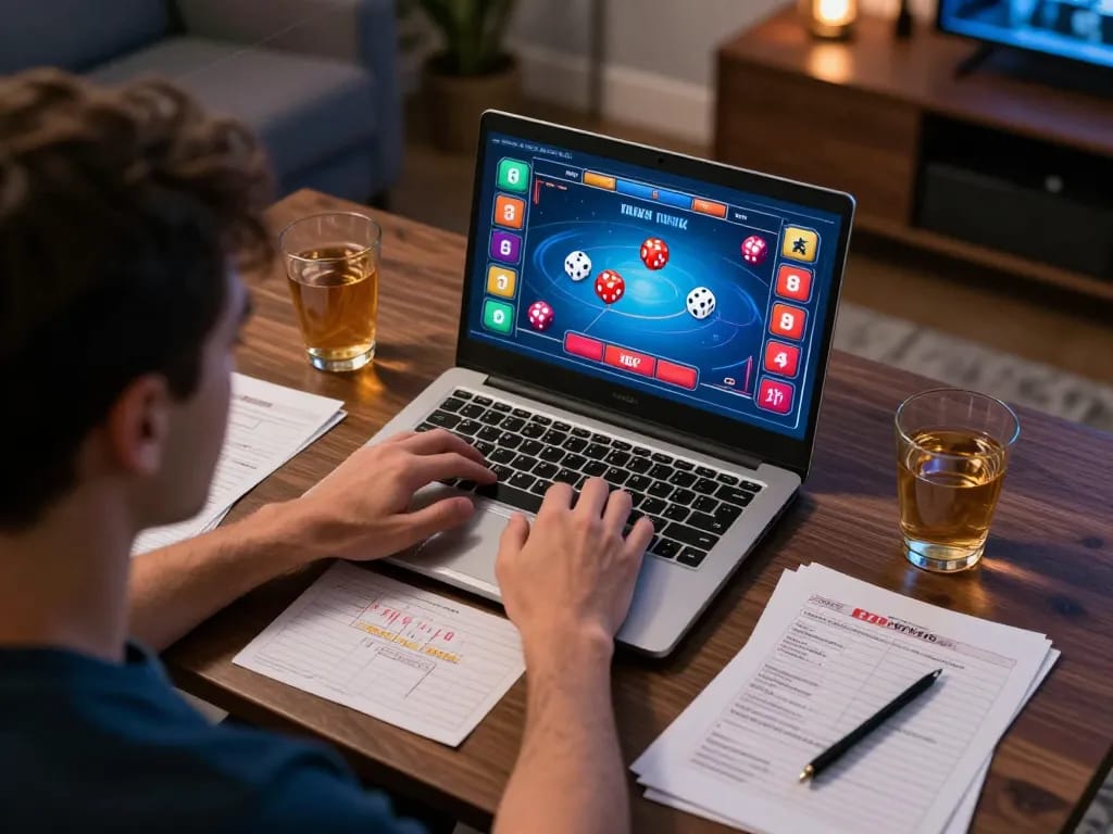 Tai Xiu Online gameplay in a modern home office, showcasing strategic betting action and comfortable environment.