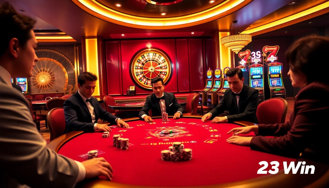 23Win players engaged at a high-stakes poker table in an elegant casino setting.
