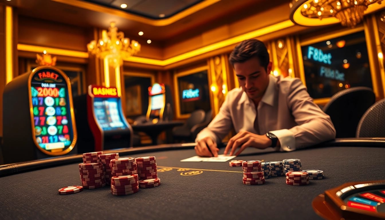 Experience the thrill of F8bet com with a vibrant casino scene featuring poker chips and slot machines.