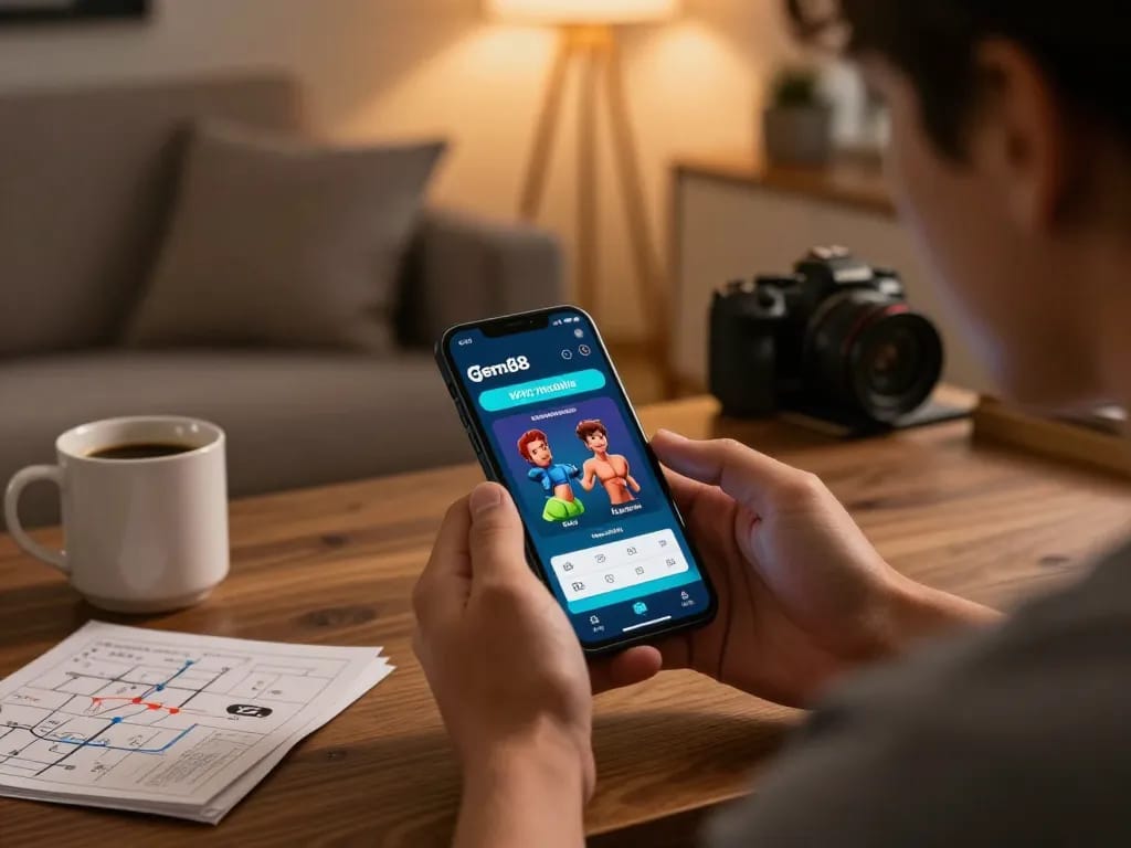 Engaging with the gem88 win mobile app at home, showcasing responsible gaming and strategic play.