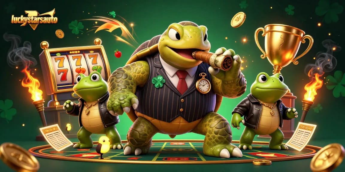 Play exciting slots with luckystarsauto’s illustrated massive turtle and bullfrog enforcers in a vibrant casino