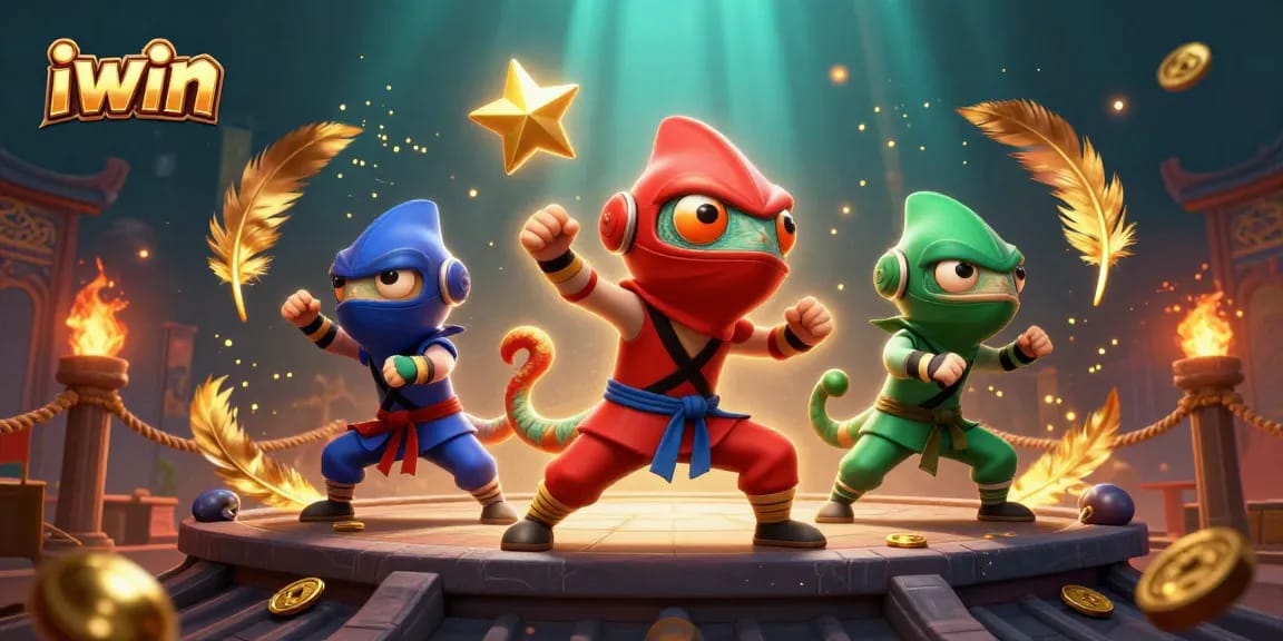 iwin ninja chameleons performing martial arts in vibrant casino-themed scene