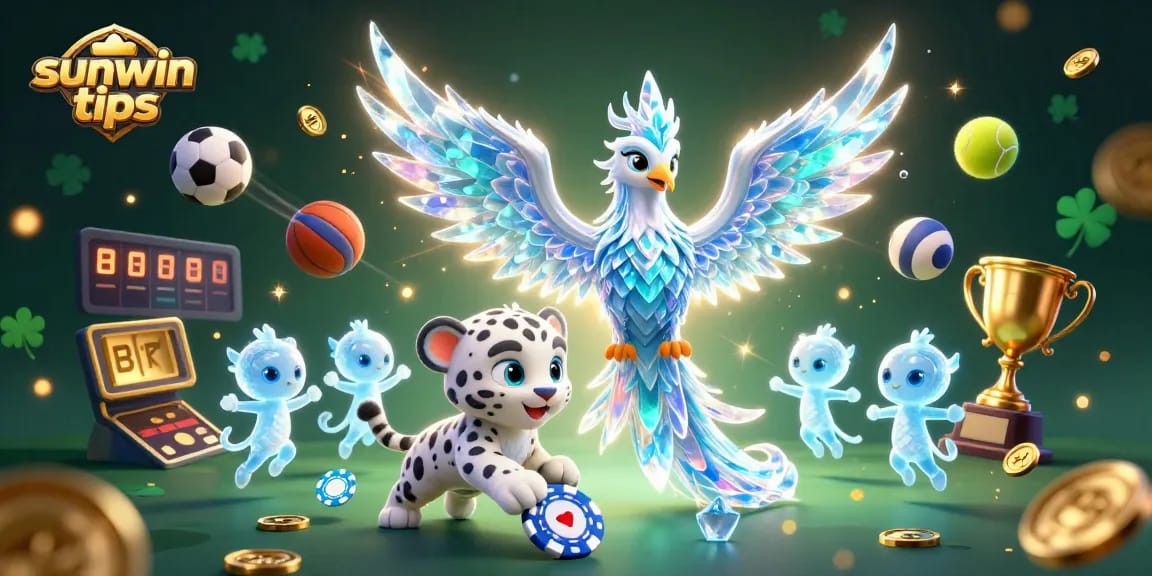 Play with sunwin tips in this vibrant casino scene featuring 3D ice phoenix and sports elements.