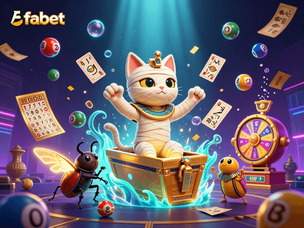 Win big at fabet with an exciting pyramid casino scene featuring a mummy cat and golden elements.