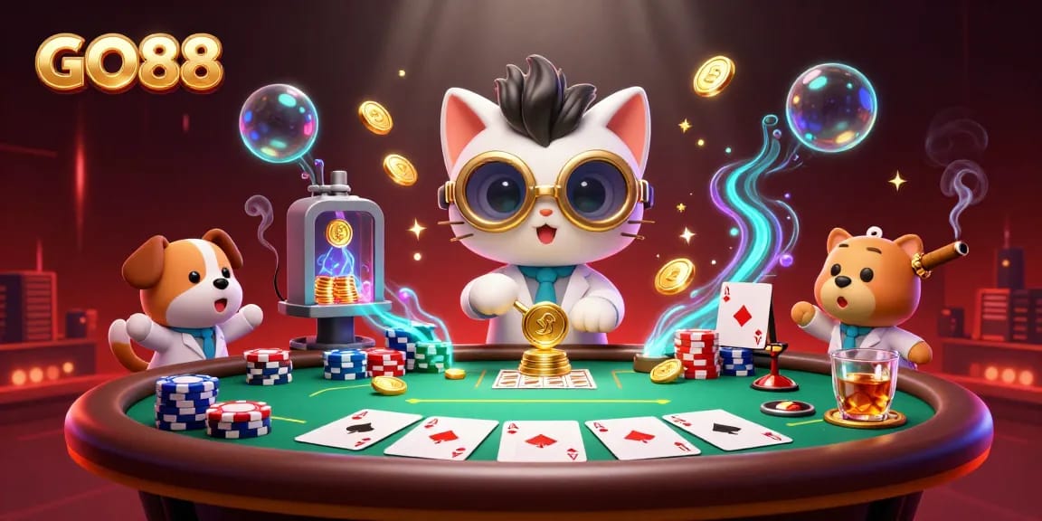 Experience thrilling action at GO88 with a vibrant 3D scene of engaging gambling and excitement.