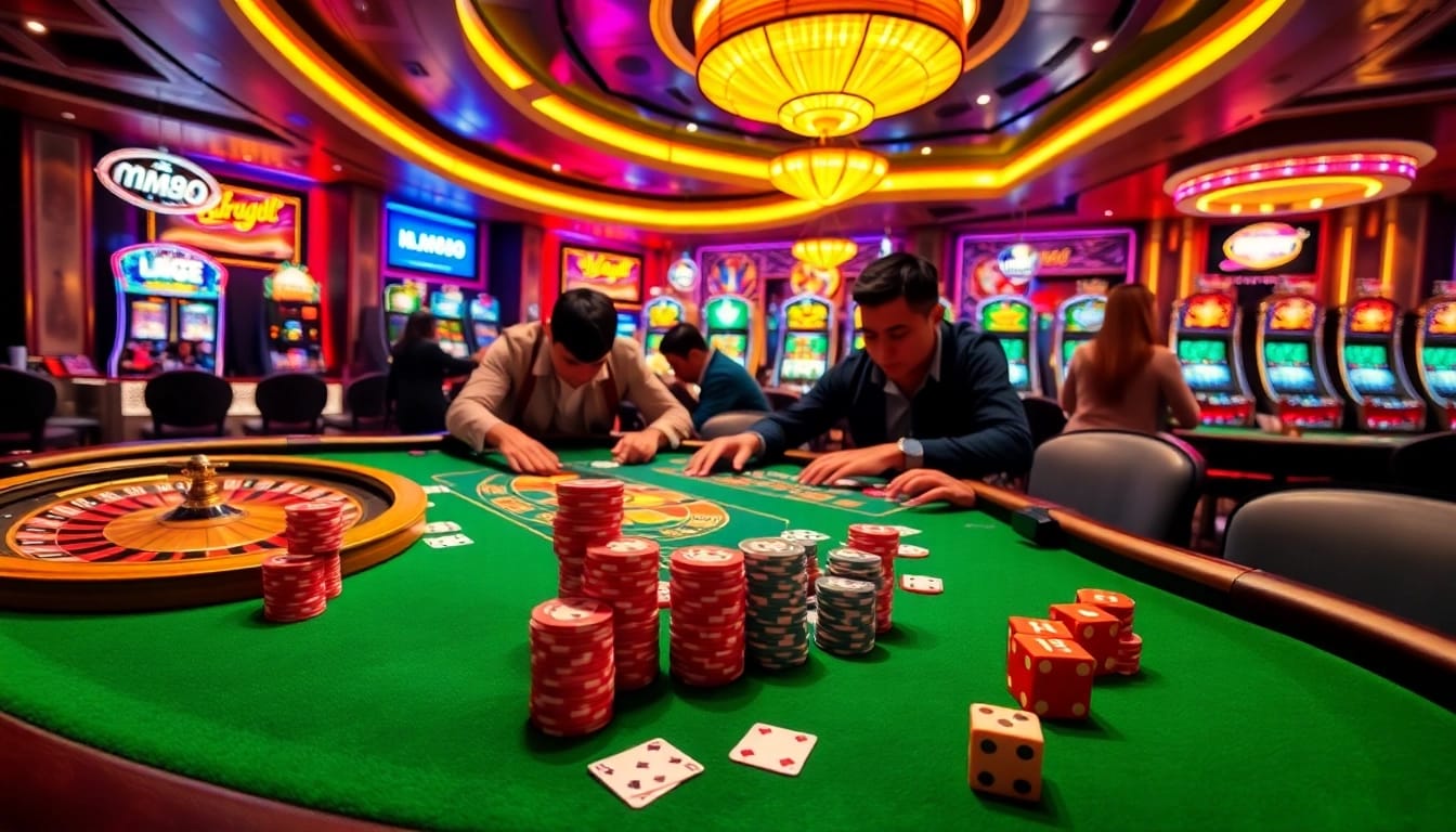Players enjoying poker at mm88.osaka casino, surrounded by vibrant slot machines.
