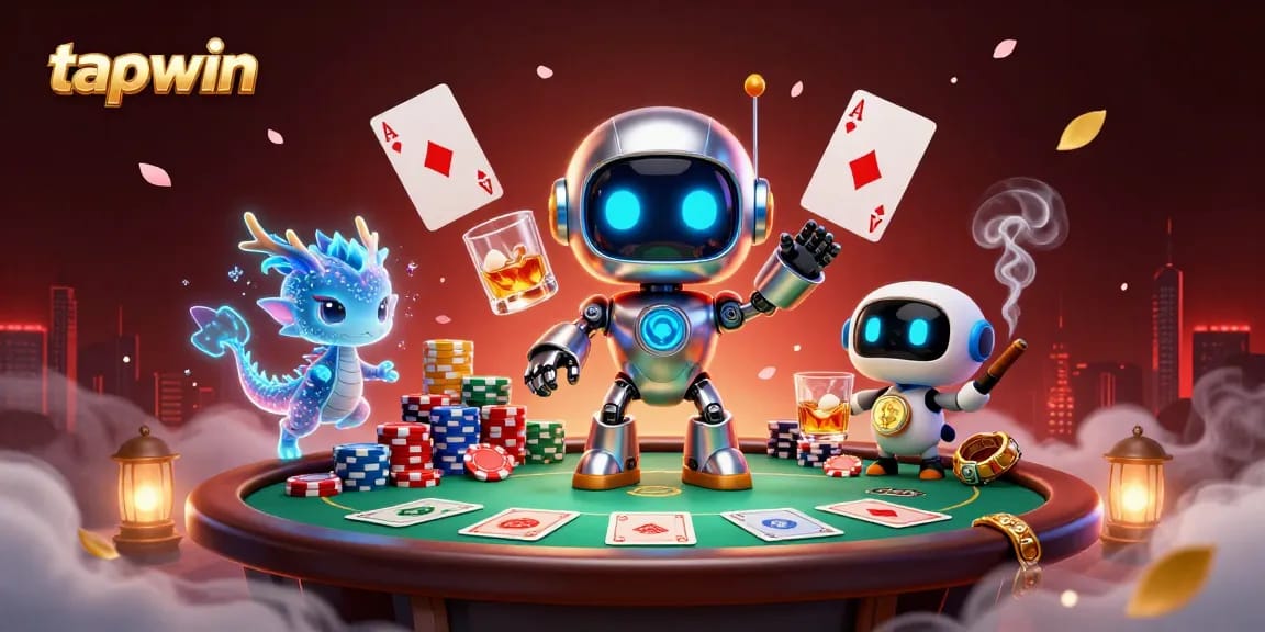 Experience tapwin's vibrant gaming world with a neon cyberpunk robot and poker chips.