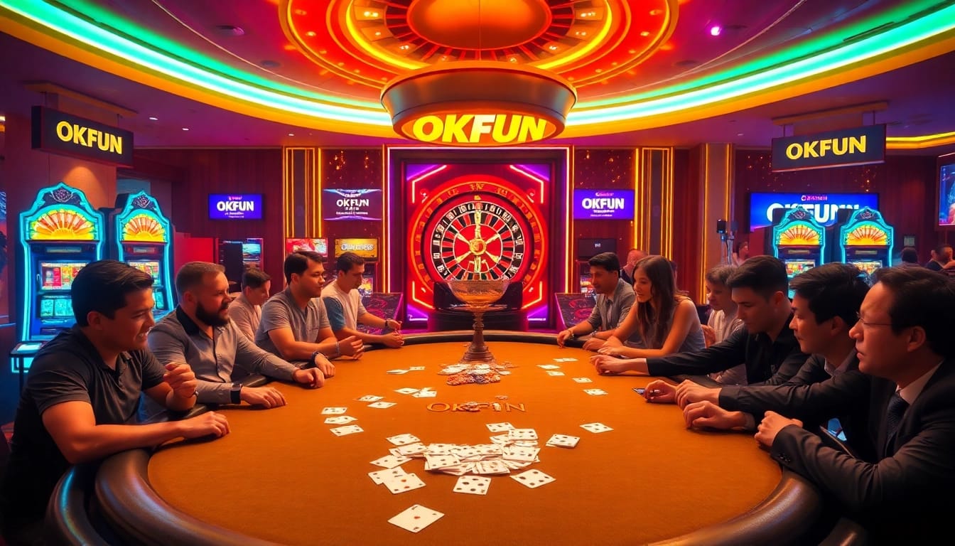 Engaged players enjoying a thrilling game with OKFUN branding in a luxurious casino atmosphere.
