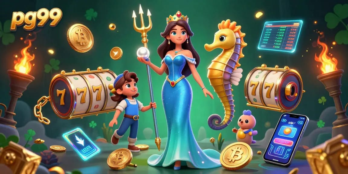 Engage in thrilling PG99 casino adventures with stunning visuals of slot games and vibrant characters.