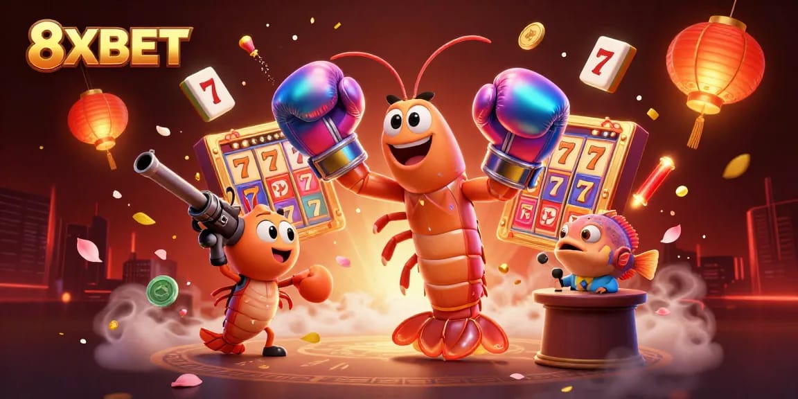 Experience the thrill of 8XBET with vibrant slot reels, golden coins, and our animated shrimp champions.