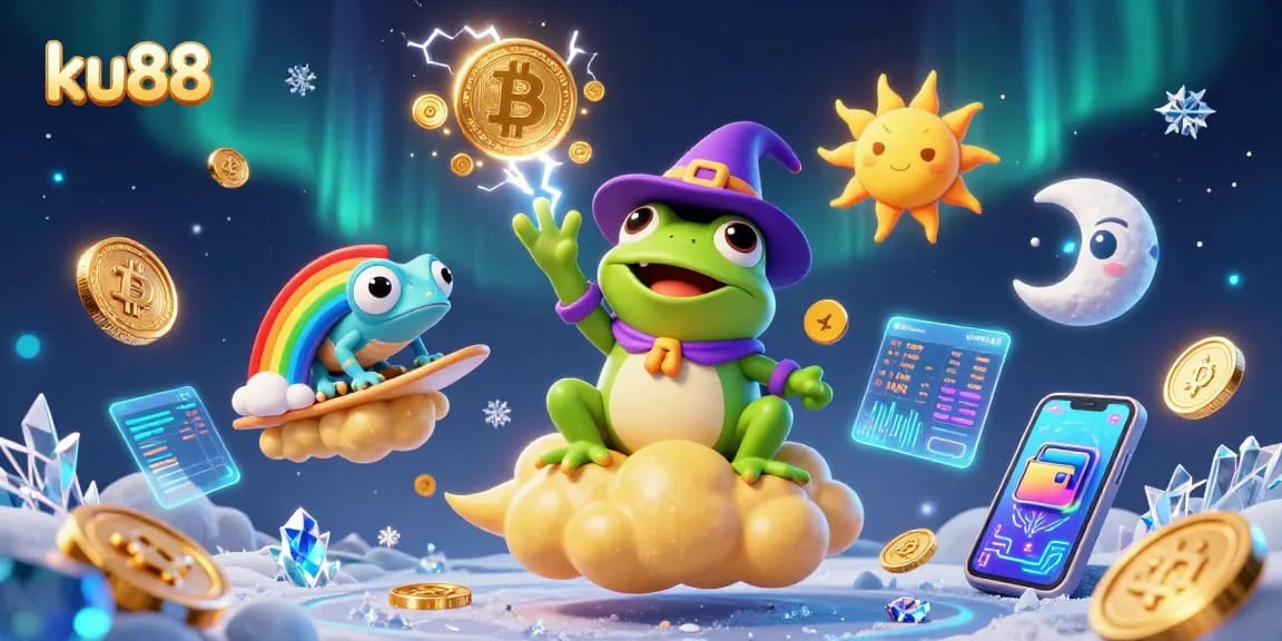 Spin to win on ku88 with a vibrant 3D illustration filled with gold coins and crypto elements.