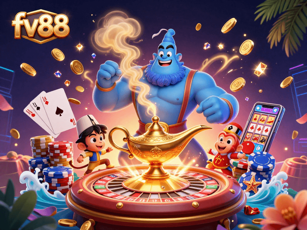 Experience the excitement of fv88 casino with a magical genie and treasure in this vibrant gambling scene.