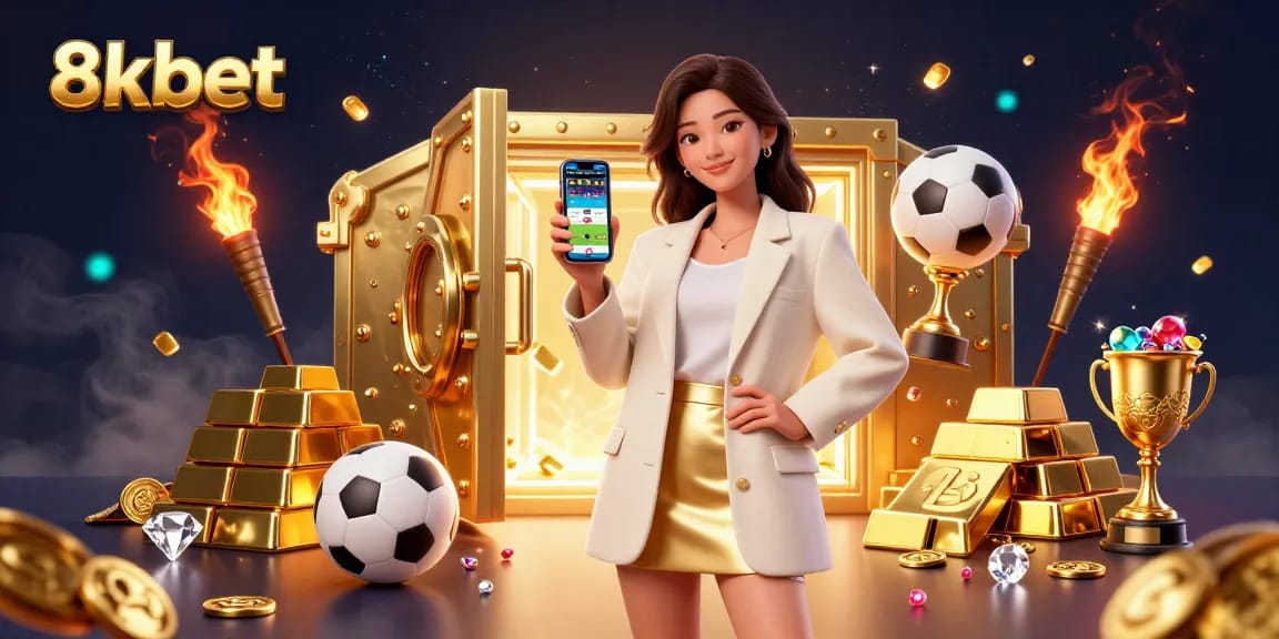 Engage with 8xbet's dynamic sports betting world featuring a friendly Asian woman holding an app amidst golden treasures.