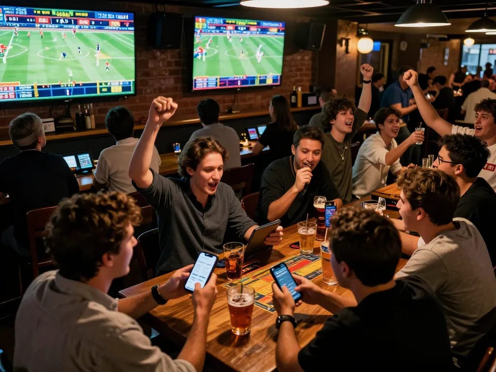 Engaged sports fans placing bets on https://va88.now/ during a thrilling game at a lively sports bar.