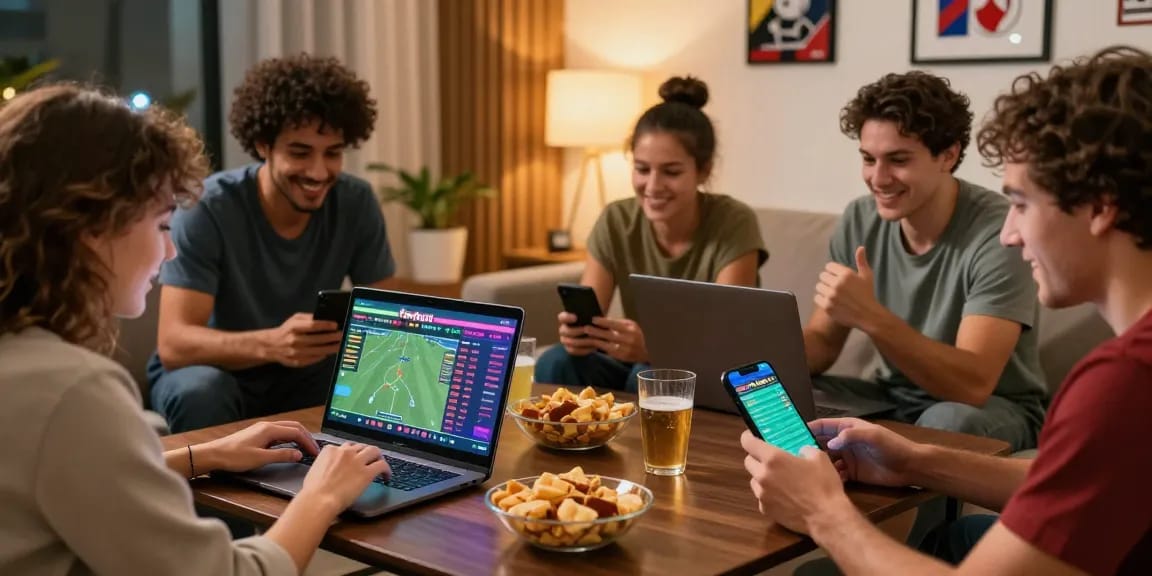 Friends enjoy online betting at Fortuna Paraguay, showcasing lively sports betting activities and camaraderie.
