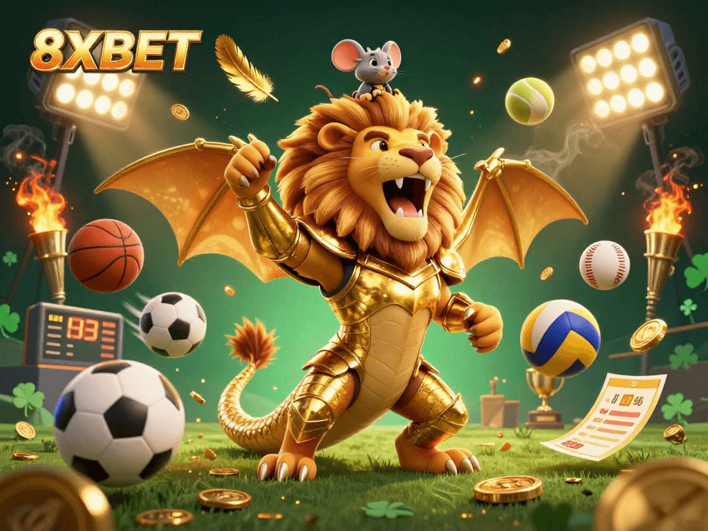 Experience thrilling sports betting with 8XBET's dynamic 3D illustration featuring a chimera and sports elements.