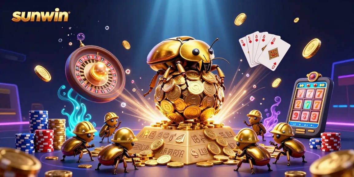 Sunwin showcases a vibrant 3D illustration of a golden dung beetle amidst cascading coins and casino symbols.
