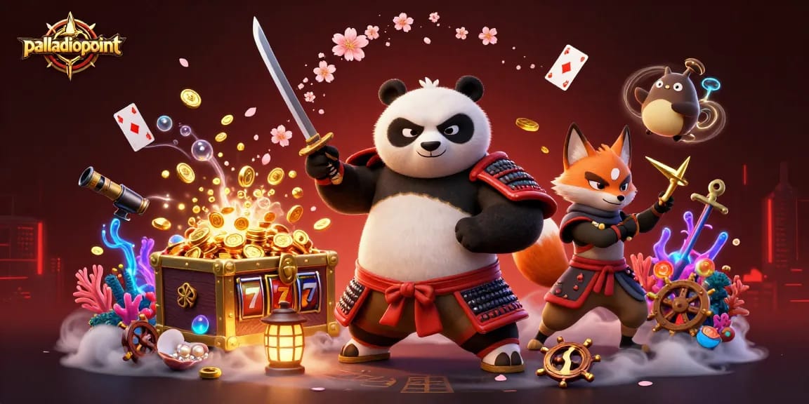 Experience thrilling gameplay at palladiopoint with a dynamic illustration of samurai panda and ninja fox.