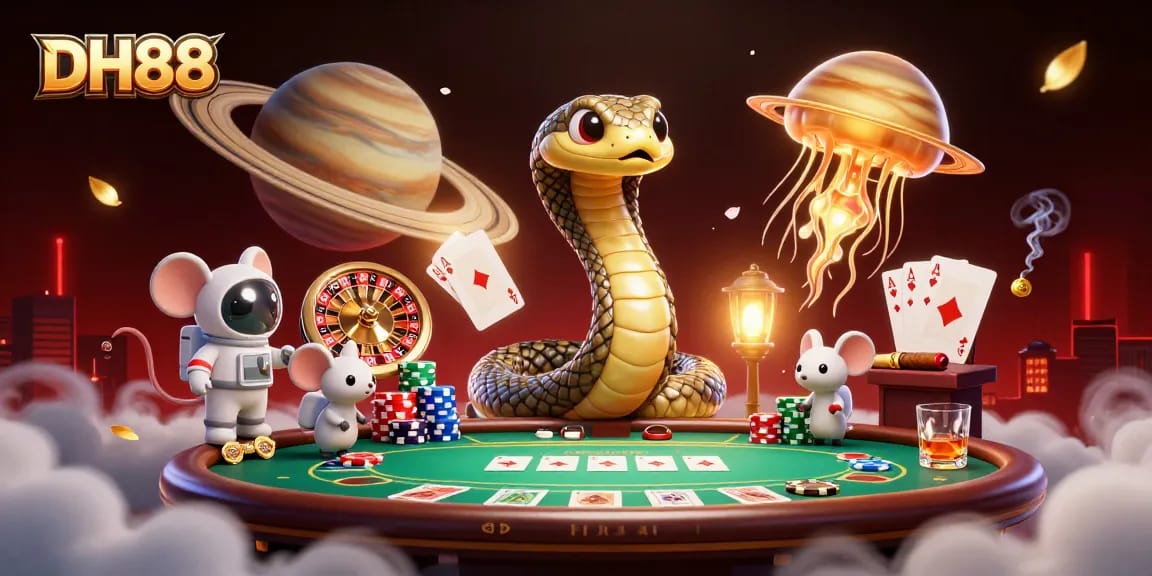 Place bets on DH88 while a cosmic dealer and playful mice create a vibrant casino atmosphere.