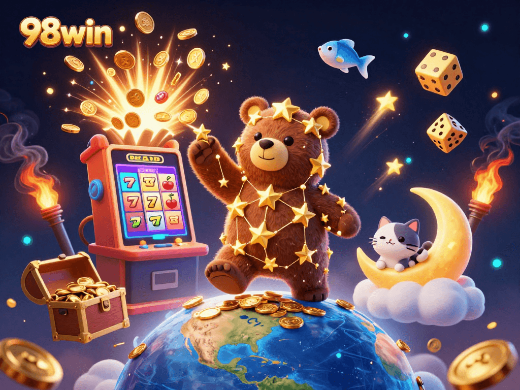 Experience thrilling wins with 98win's vibrant 3D casino illustration filled with jackpots and colorful gaming elements.