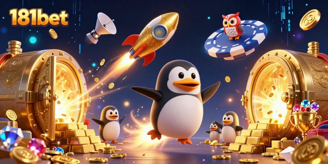 Experience thrilling gaming with 181bet as a golden penguin explores a vibrant casino universe.