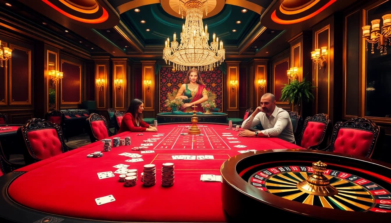 A captivating poker game scene featuring qh88 with colorful chips and vibrant roulette wheel.