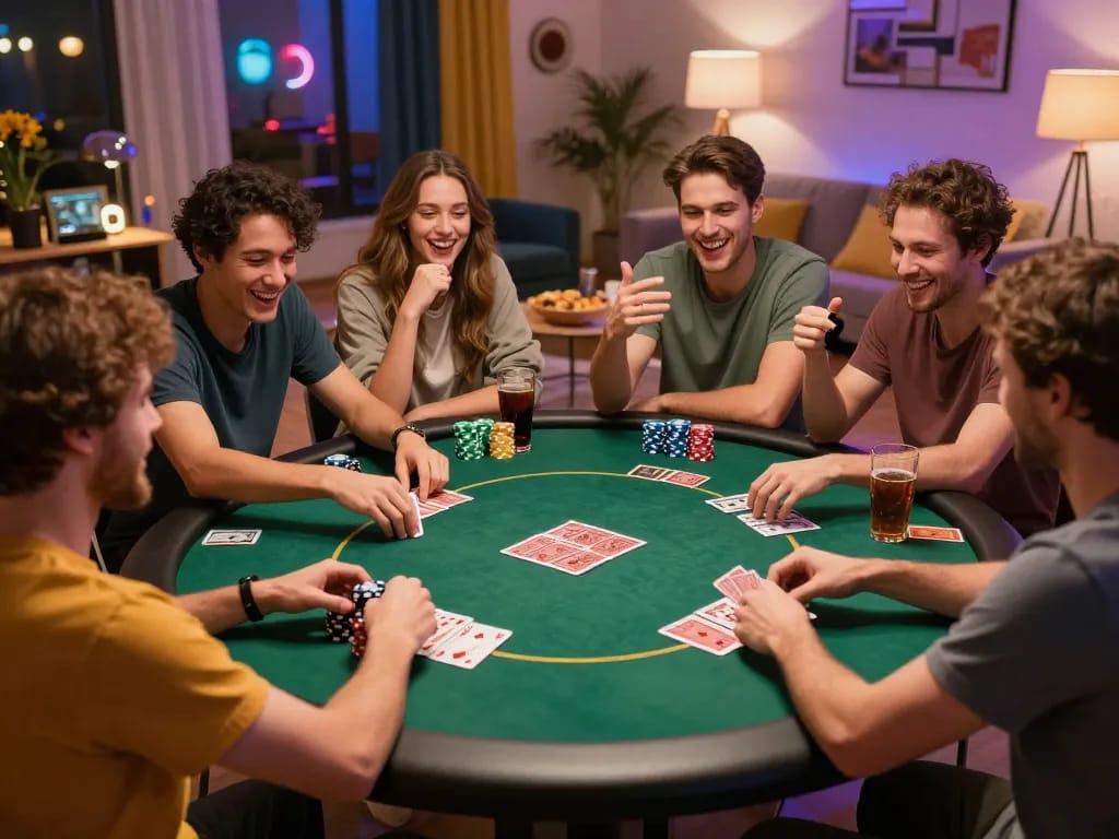 Friends playing poker at home while enjoying a gaming night on ph22.net.ph, showcasing excitement and camaraderie.