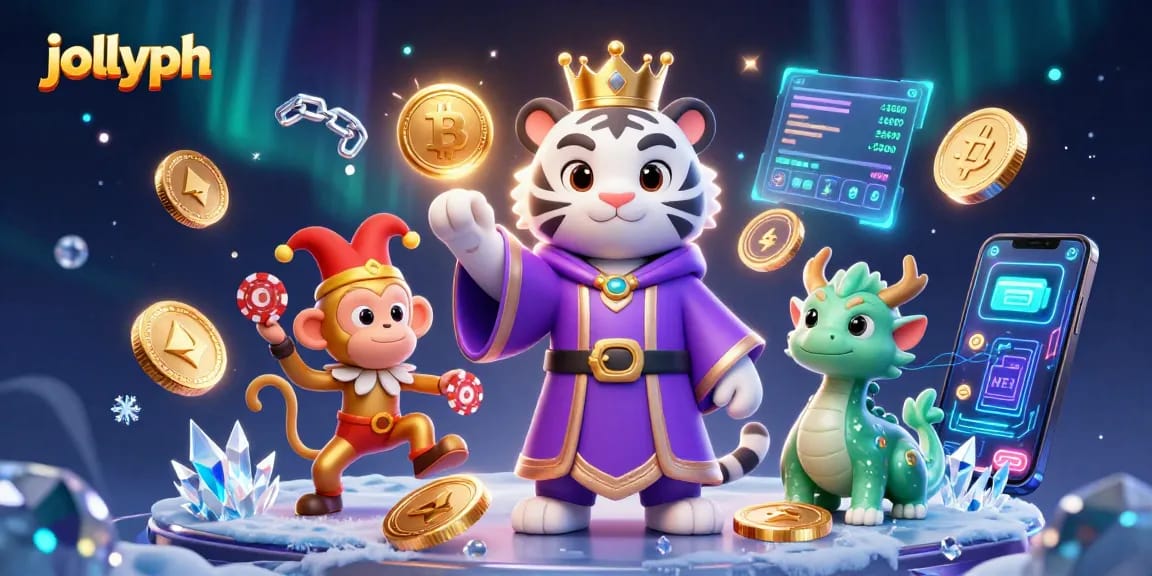 Experience thrilling gaming with jollyph, featuring a majestic tiger and playful monkey amidst vibrant crypto symbols.