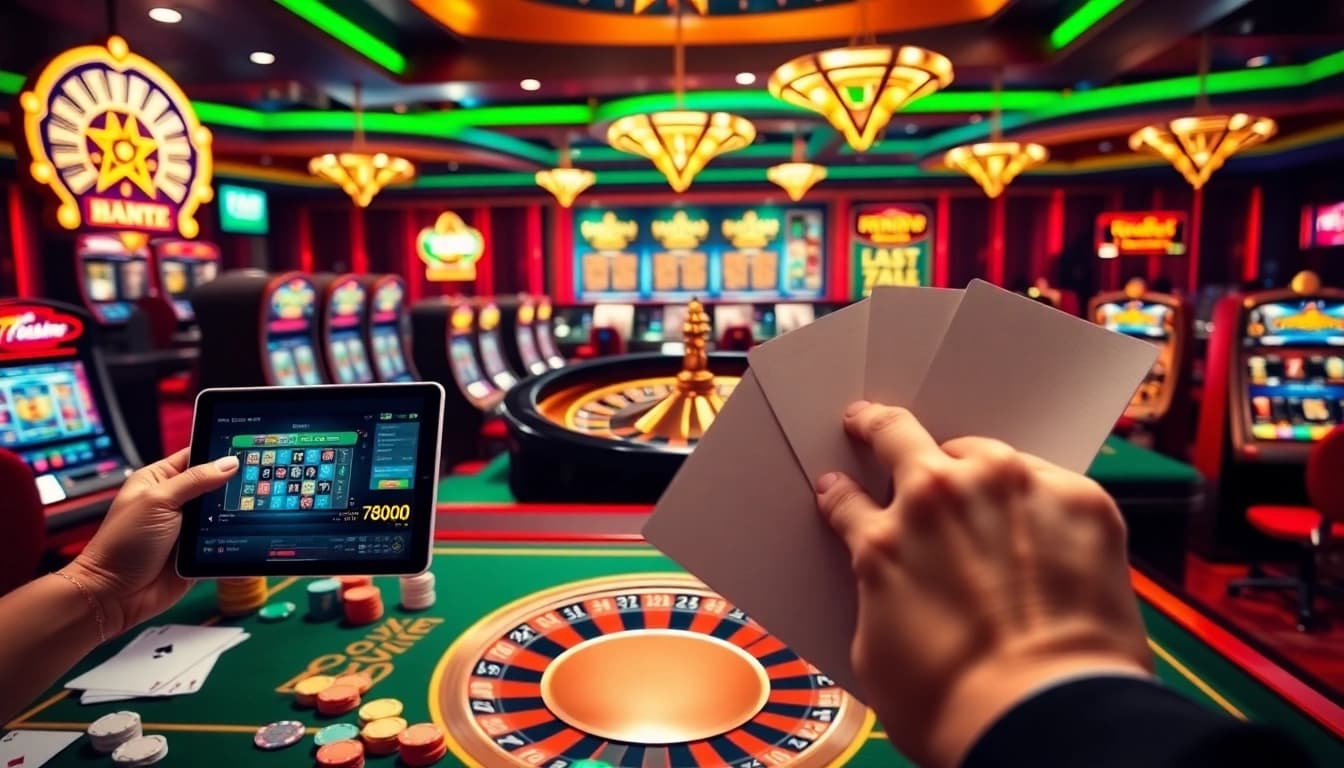 Players engage with thrilling casino games at 789win, showcasing luxurious gaming tables and vibrant slot machines.
