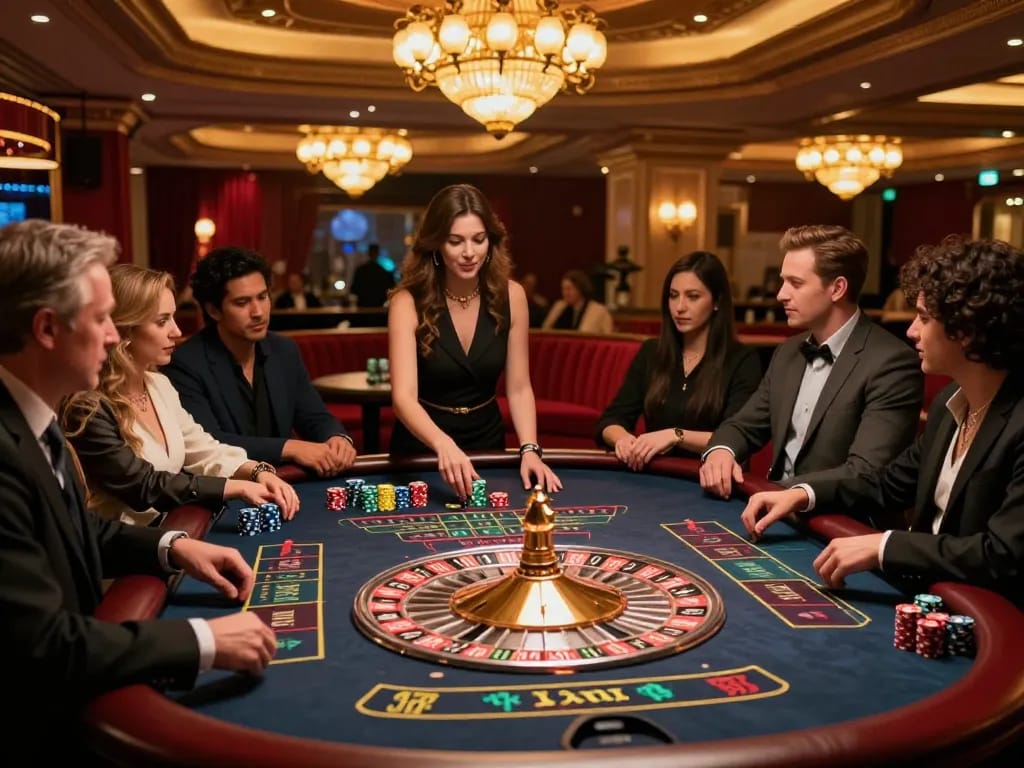 Engaged players at an upscale casino roulette table witnessing an exciting spin, Lc88 vin as the backdrop to their gaming