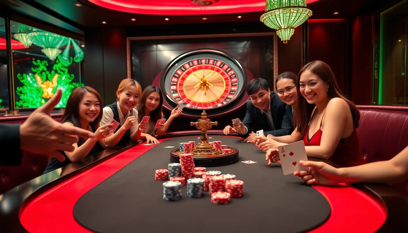 Experience the thrill of 99WIN with an engaging casino scene featuring players at a poker table surrounded by excitement.