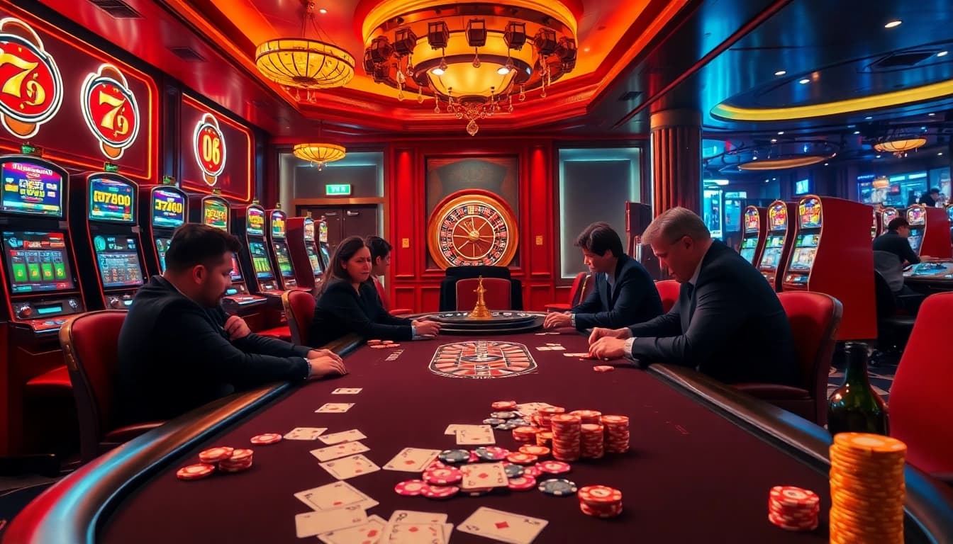 79king players engaging in high-stakes poker with vibrant slot machines in the background.