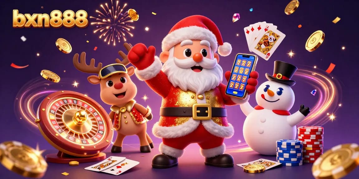Experience the thrill of bxn888 with Santa and friends in a vibrant casino scene.