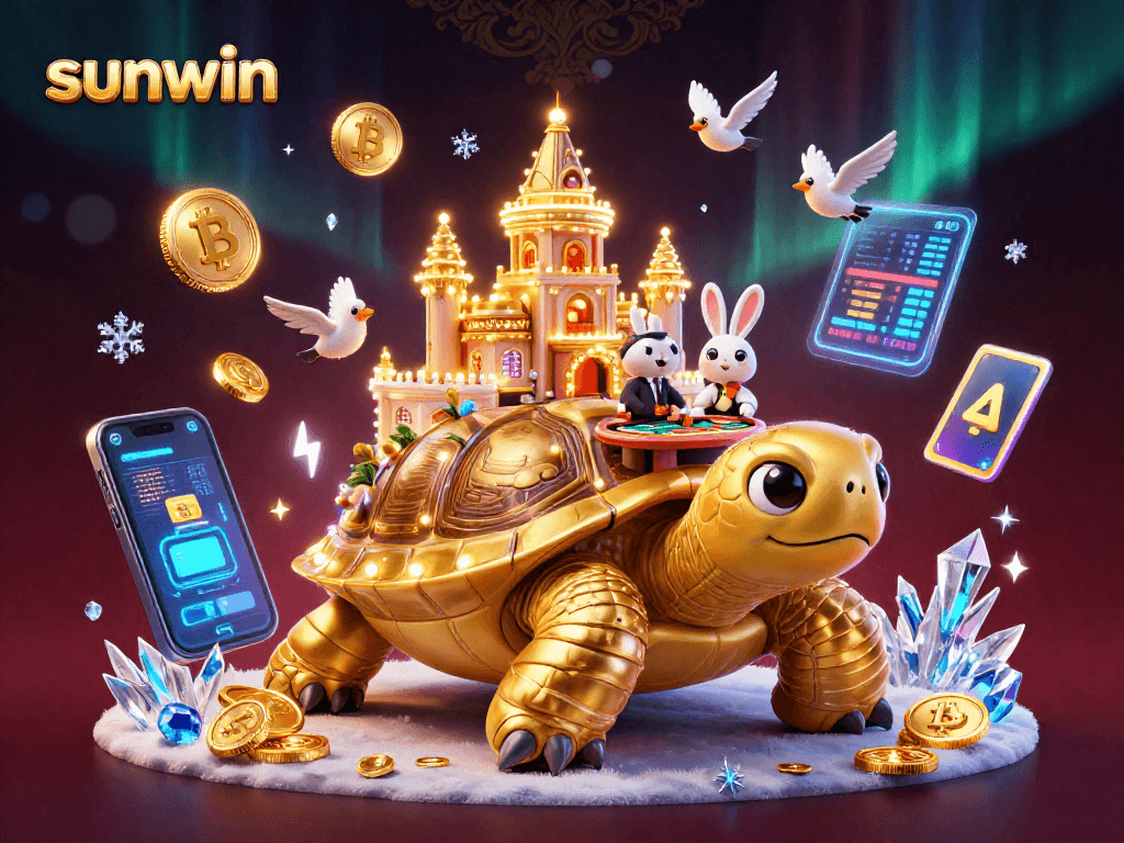 Engage with sunwin, featuring a golden tortoise casino scene with flying coins and a rabbit dealer.