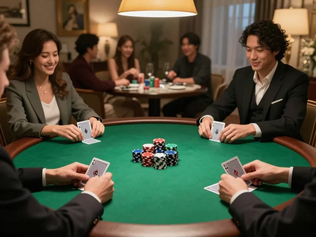 Net88 players engaged in an exciting home poker game, showcasing strategy and enjoyment