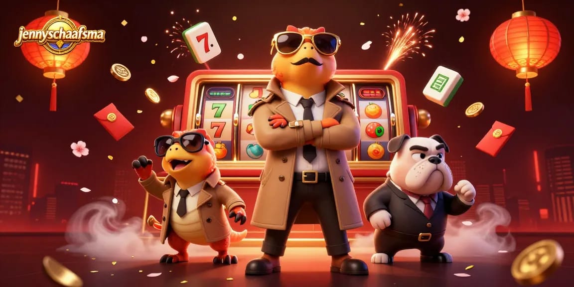 Three raptors in a trench coat enter a VIP casino, showcasing jennyschaafsma slot excitement.