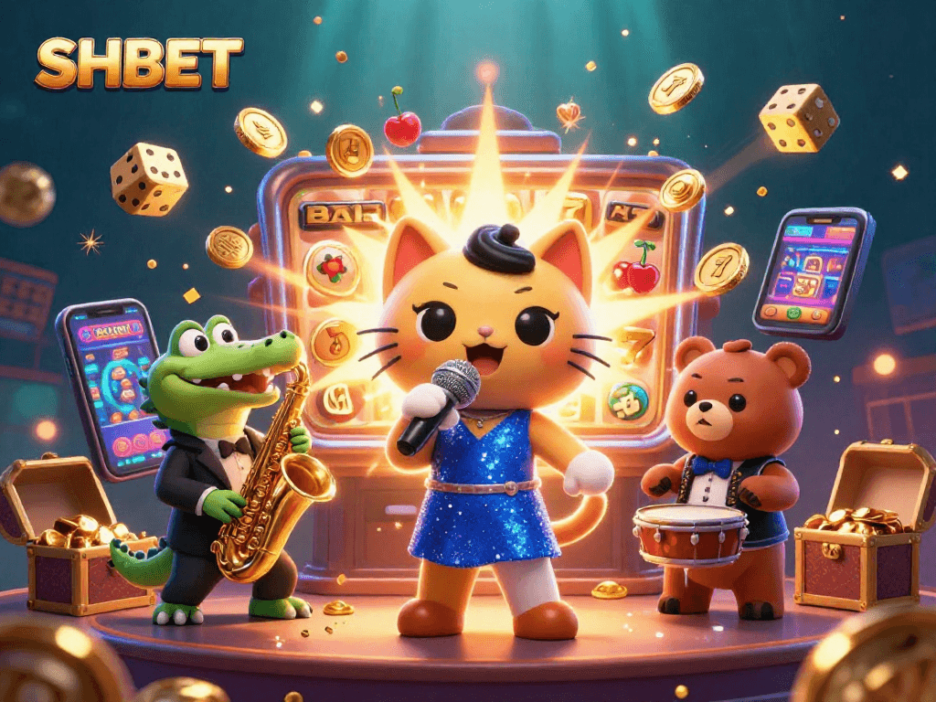 Experience thrilling gameplay with SHBET in this vibrant 3D casino scene showcasing lively characters and exciting jackpots.